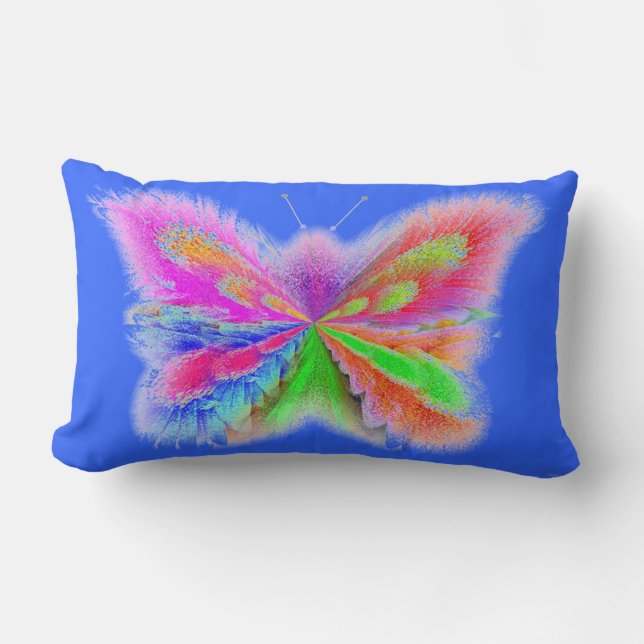 2 Sided Butterfly Art Blue and Orange Lumbar Pillow (Front)