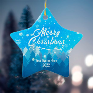 2-sided Custom Blue Snow Forest Christmas Star Ceramic Ornament