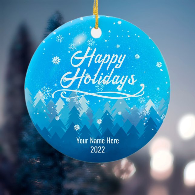 2-sided Custom Blue Snow & Forest Merry Christmas Ceramic Ornament (Creator Uploaded)