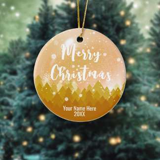2-sided Custom Gold Snow & Forest Merry Christmas Ceramic Ornament