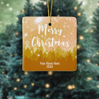 2-sided Custom Golden Snow Forest Merry Christmas Ceramic Ornament