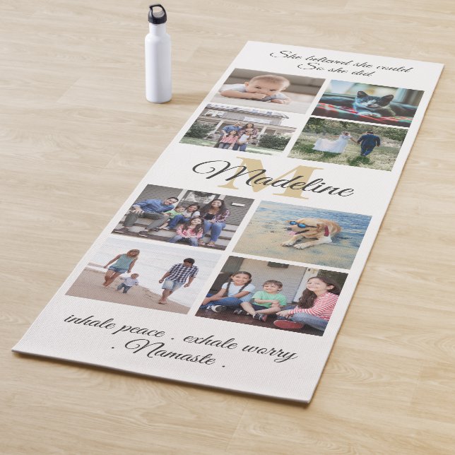 2 Sided Custom Mantra White & Gold Monogram Photo Yoga Mat (In Situ)