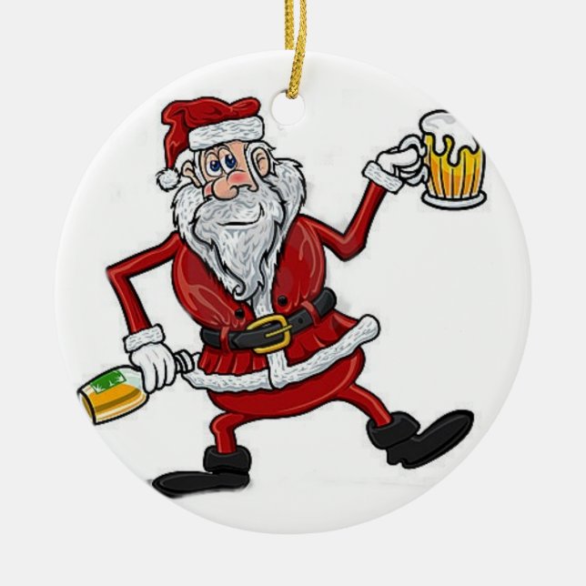 "2 SIDED DRUNK SANTA AND CHRISMTAS TREE ON OTHER CERAMIC ORNAMENT (Front)