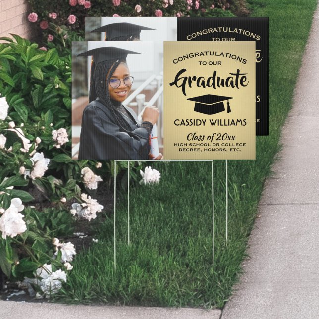2 Sided Elegant Black & Gold Graduation Photo Yard Sign (Creator Uploaded)