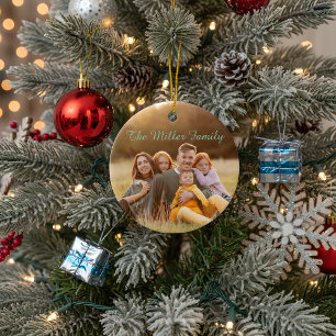 2-Sided  Elegant Script Overlay Double Photo  Ceramic Ornament