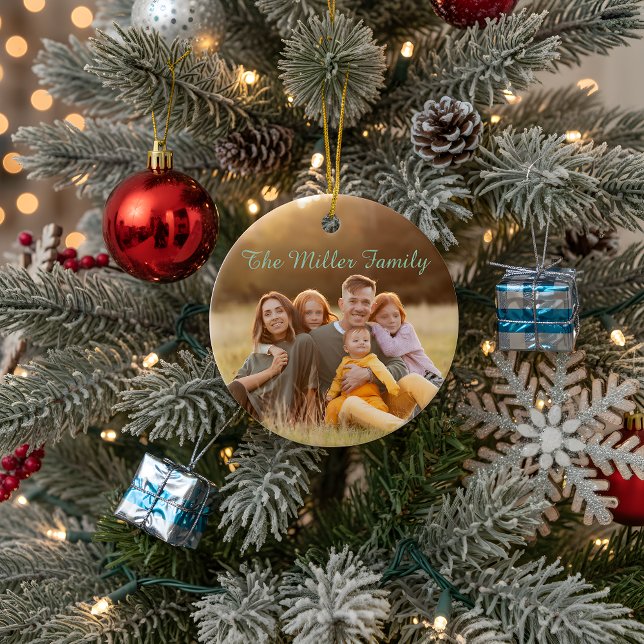 2-Sided  Elegant Script Overlay Double Photo  Ceramic Ornament (Creator Uploaded)