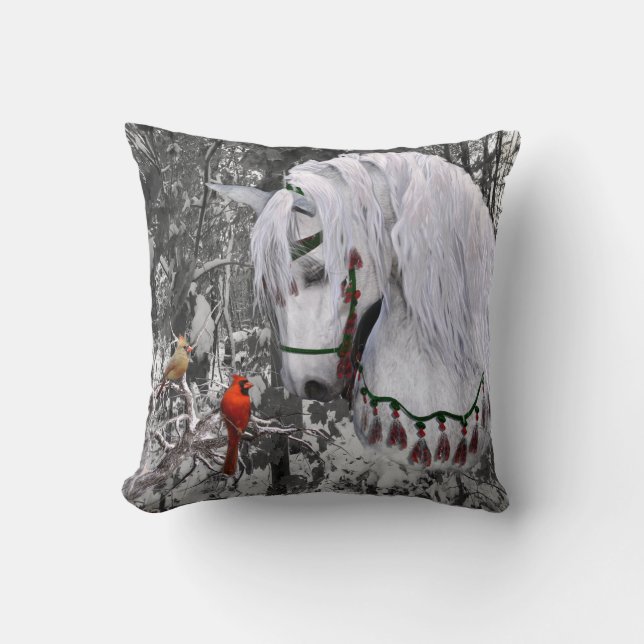 2-sided Holiday Horse & Cardinals Throw Pillow (Front)