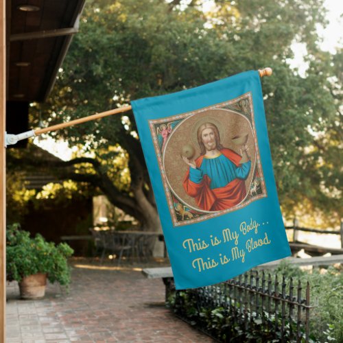 2_sided Jesus Holding Up the Eucharist SNV 050 House Flag
