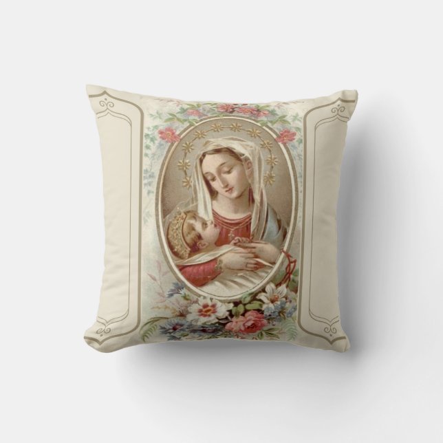 2 SIDED Madonna with Child Jesus Angels Flowers Throw Pillow (Front)