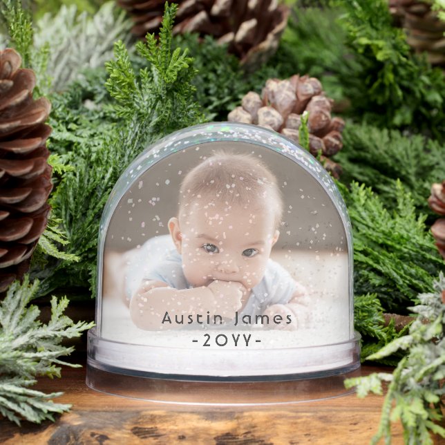 2 Sided Modern Photo & Black Text Overlay Keepsake Snow Globe (Winter)