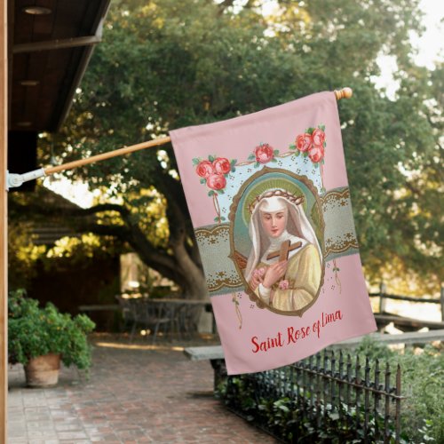 2_sided Portrait of St Rose Draped with Roses House Flag