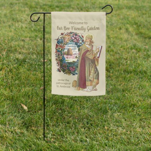 2_sided St Ambrose with Flowers Bees and Beehives Garden Flag