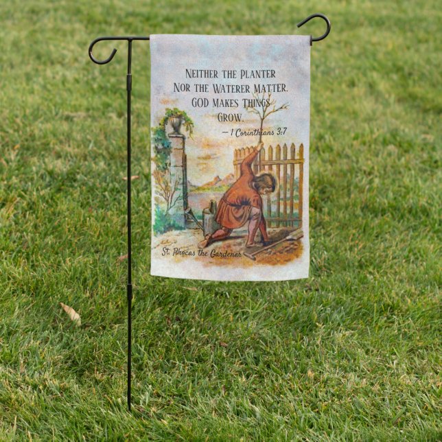 2-sided St. Phocas Planting a Tree (Quote) Garden Flag (In SItu)