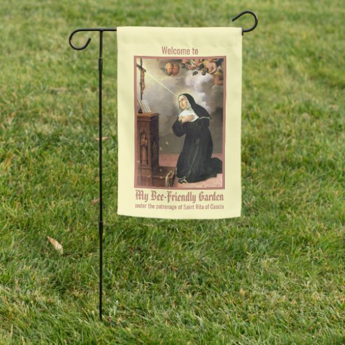 2_sided St Rita with Bees Praying at a Crucifix Garden Flag