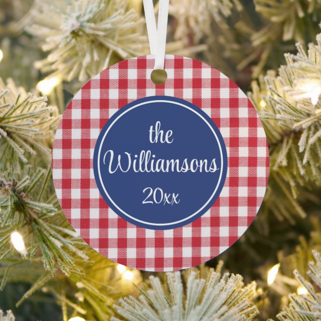 2-Sided Text on Back, Red & White Check 3-in Metal Ornament (Insitu)