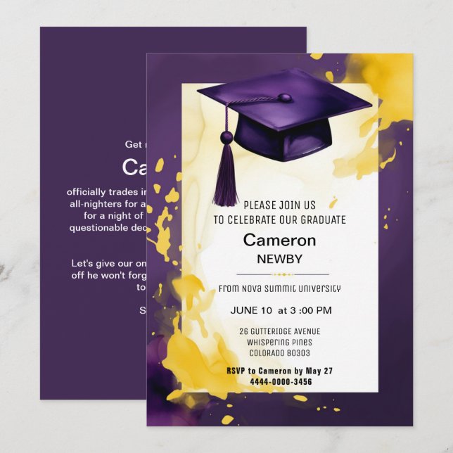 2 sided Watercolor Graduation party invitation (Front/Back)