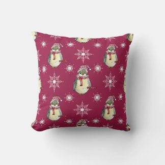 2-Sided Watercolor Penguin and Snowflake Holiday Throw Pillow