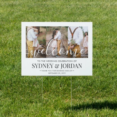 2 Sided Wedding Welcome 6 Photo White Script Yard Sign