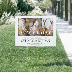 2 Sided Wedding Welcome 6 Photo White Script Yard Sign