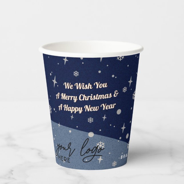 2 sides Business Logo and QR code Blue Christmas Paper Cups (Front)