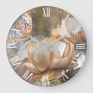 2 Silk Gold White Unique Roses Art Dream Large Clock