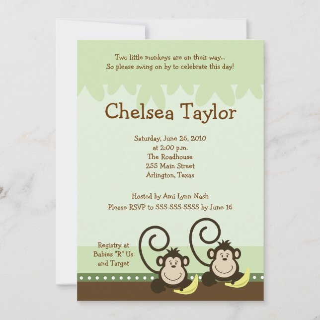 2 Silly Monkeys TWINS Jungle Monkey Baby Shower Invitation (Front)