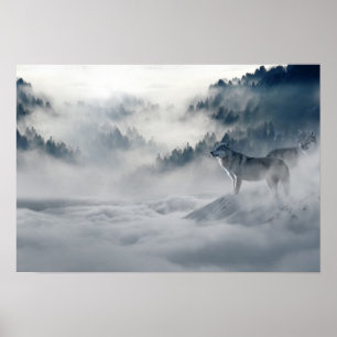 2 Snow Wolves in Winter Mountains Photo Poster