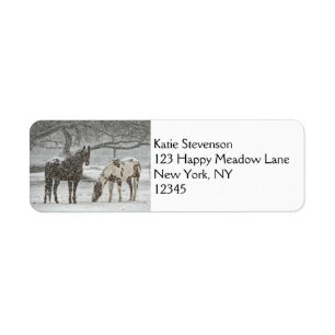 2 Snowy Horses Standing Under a Tree Label