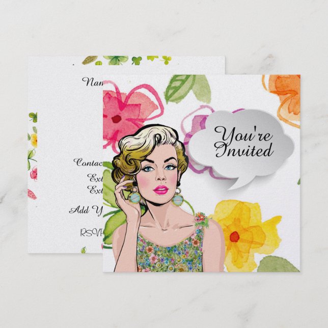 #2 Sophisticated Pop Art Lady Floral Invitation (Front/Back)