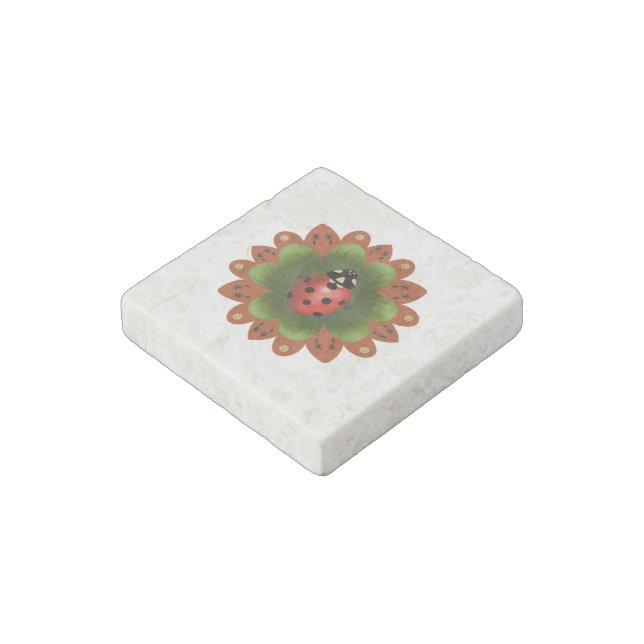 2" Square Stone Cute Ladybug Red White Green Magnet (Angled)