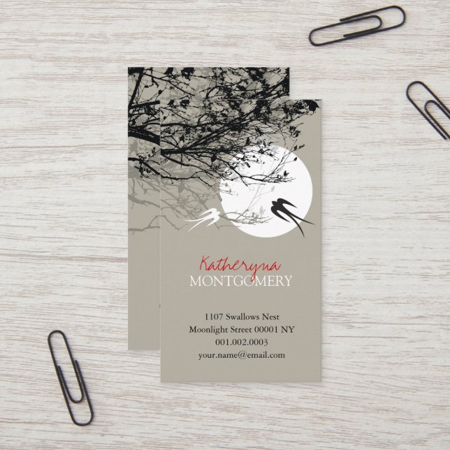 2 Swallows & Branches in Moonlight Modern Zen Grey Business Card (Front/Back In Situ)