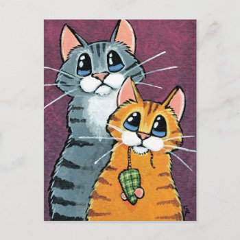 2 Tabby Cats With Toy Mouse Illustration Postcard by LisaMarieArt at Zazzle