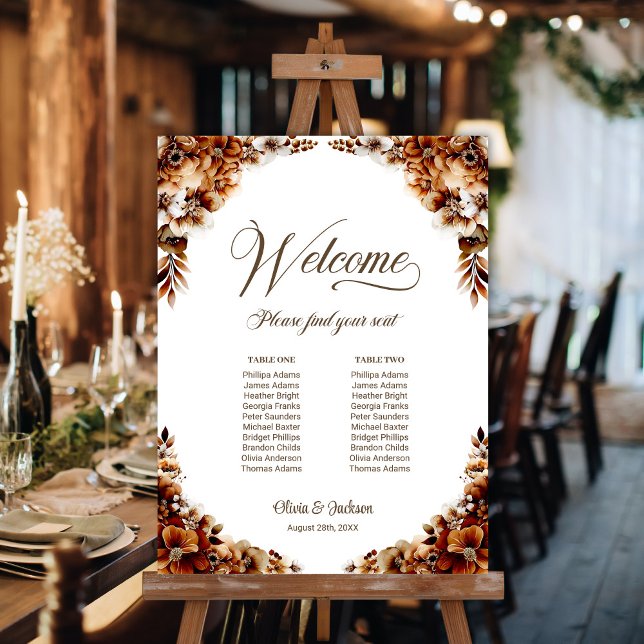 2 Table Burnt Orange Floral Wedding Seating Chart Foam Board (Creator Uploaded)