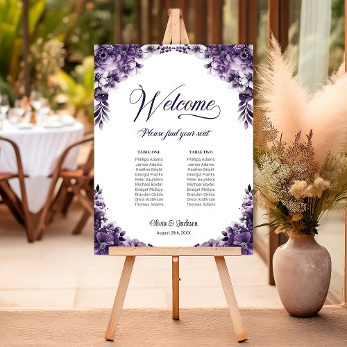 2 Table Purple Floral Wedding Seating Chart Foam Board