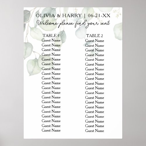 2 Table Watercolor Ecalyptus Wedding Seat Chart