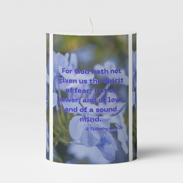 2 Timothy 1:7 KJV Bible Scripture Pic Pillar Candle (Front)