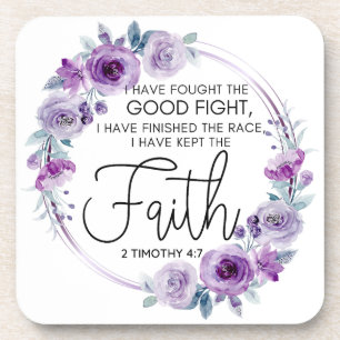 2 Timothy 4:7 I have kept the faith Purple Floral Beverage Coaster