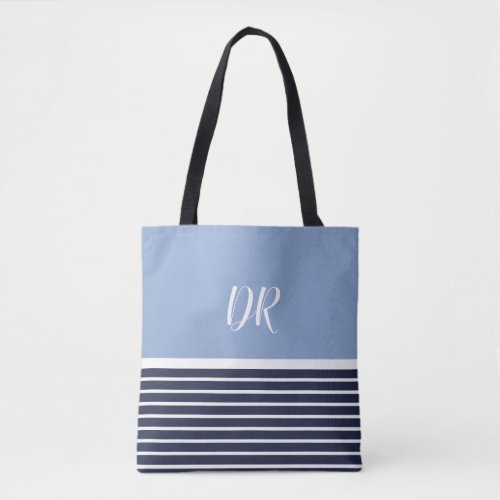 2 tone blue horizontal stripes monogram  elegant tote bag