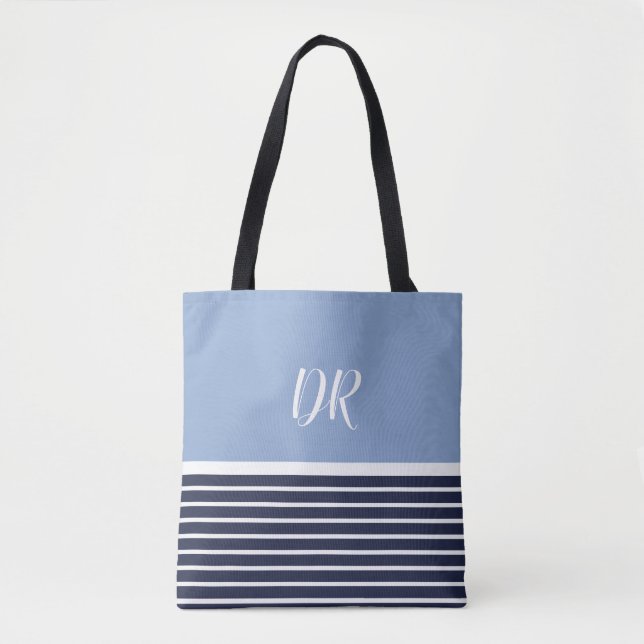 2 tone blue horizontal stripes monogram . elegant tote bag (Front)