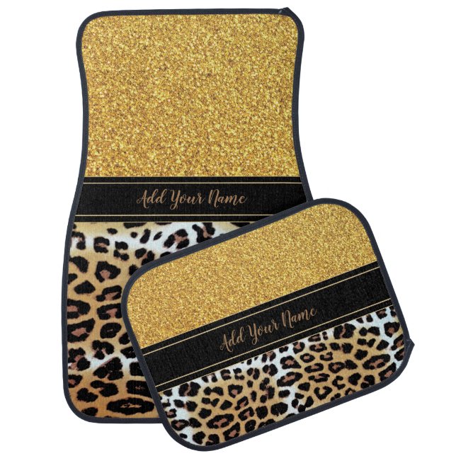 2 Tone Gold Glitter & Leopard Print Custom Name Car Floor Mat (Set)