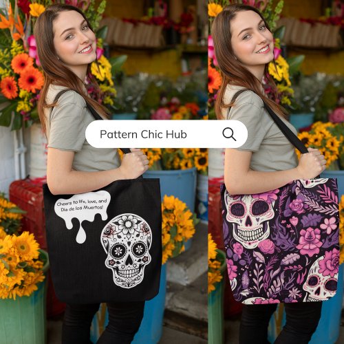 2_Tone Sugar Skull Modern Flowers Gothic Cool Tote Bag