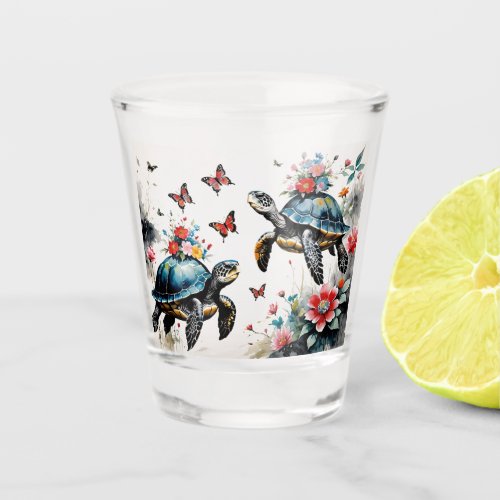 2 Turtles with Flowers and Butterflies Shot Glass