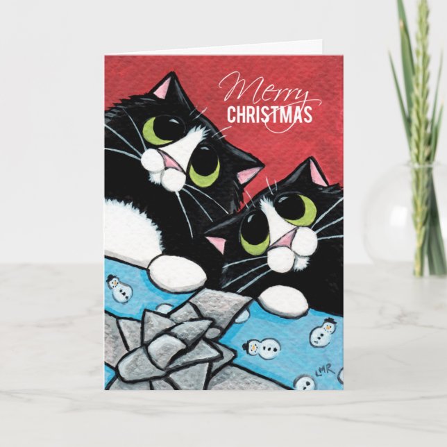 2 Tuxedo Cats and a Xmas Present Christmas Card (Front)