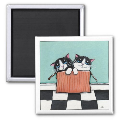 2 Tuxedo Cats in a Box  Cat Art Magnet