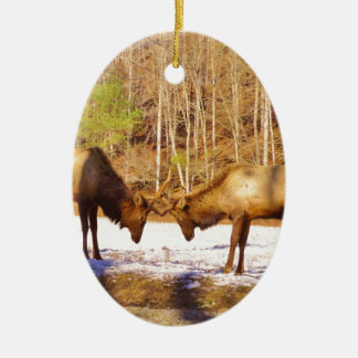 2~ two Bull Elk in the snow Ceramic Ornament