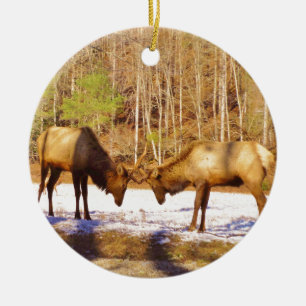 2~ two Bull Elk in the snow Ceramic Ornament