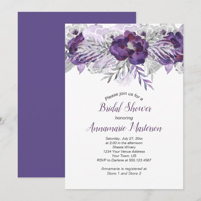 #2 Ultra Violet Lavender Gray Floral Bridal Shower Invitation (Front/Back)