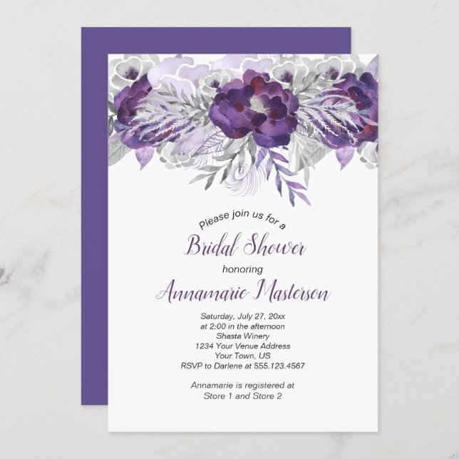 #2 Ultra Violet Lavender Gray Floral Bridal Shower Invitation (Front/Back)