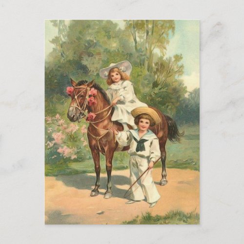 2 Victorian Children on Horse Vintage Postcard