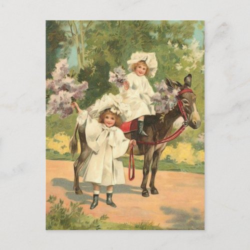 2 Victorian Girls on Horse Vintage Postcard